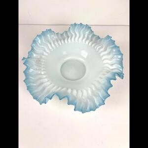 Vintage Fenton Aqua Crest White Milk Glass Large Ruffled Bowl Dish 11"